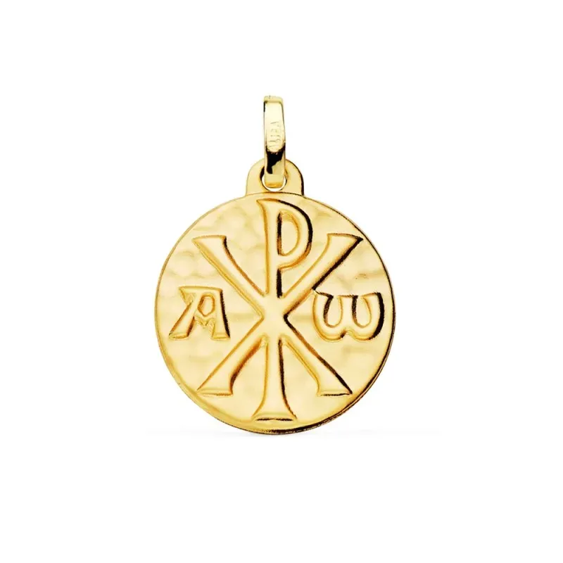 Cruz Crismón Martele medalla oro 18k unisex 18 mm. detalles ondulados