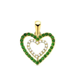 Colgante oro 18k mujer 15 mm. dos corazones circonitas colores tamaño