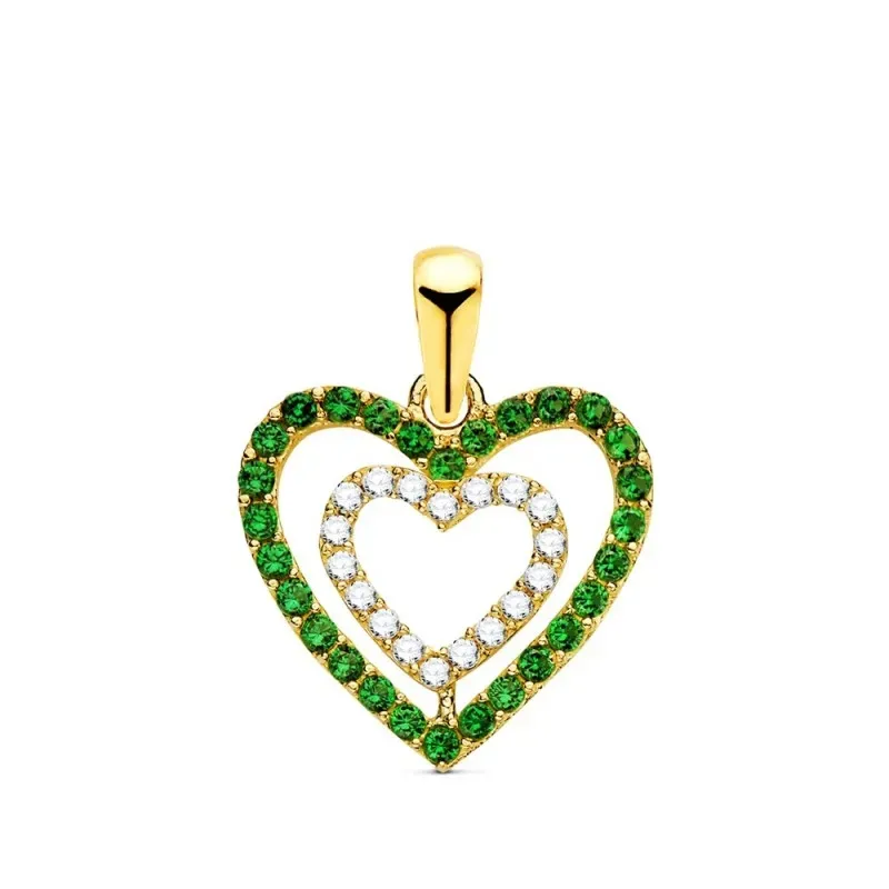 Colgante oro 18k mujer 15 mm. dos corazones circonitas colores tamaño