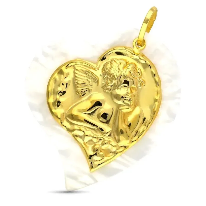 Colgante oro 18k mujer 40 mm. corazón nácar centro detalle Ángel Niño