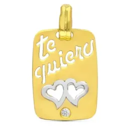 Colgante oro bicolor 18k mujer 20 mm. chapa mensaje TE QUIERO calados