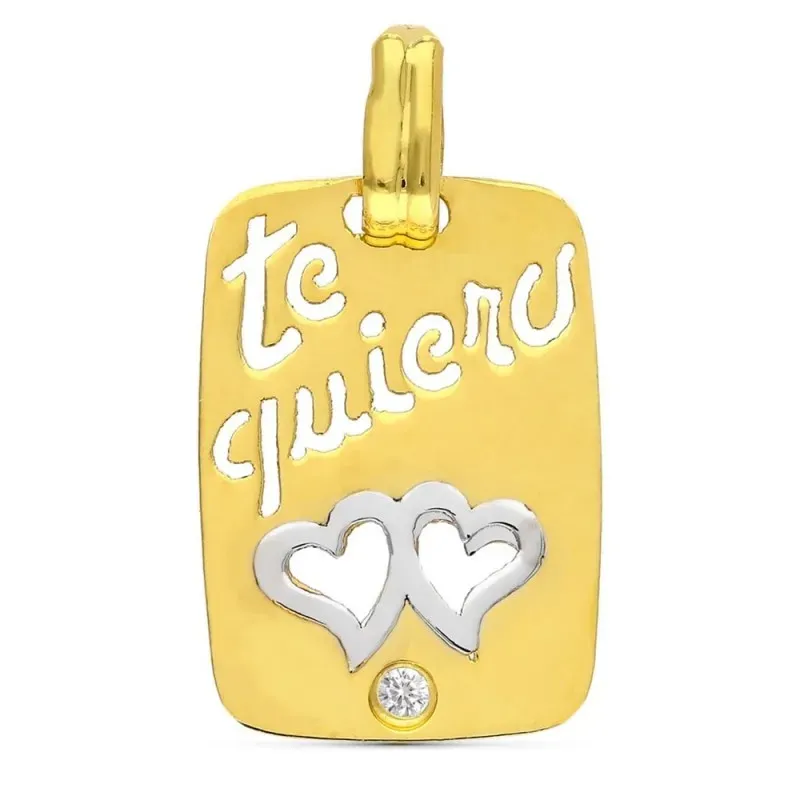 Colgante oro bicolor 18k mujer 20 mm. chapa mensaje TE QUIERO calados
