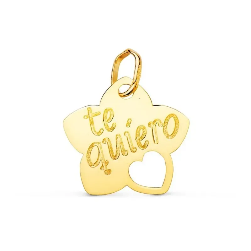 Colgante oro 18k mujer 15 mm. flor mensaje centro TE QUIERO detalle c