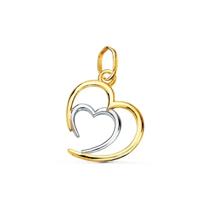 Colgante oro bicolor 18k mujer 14 mm. doble corazón calado abierto