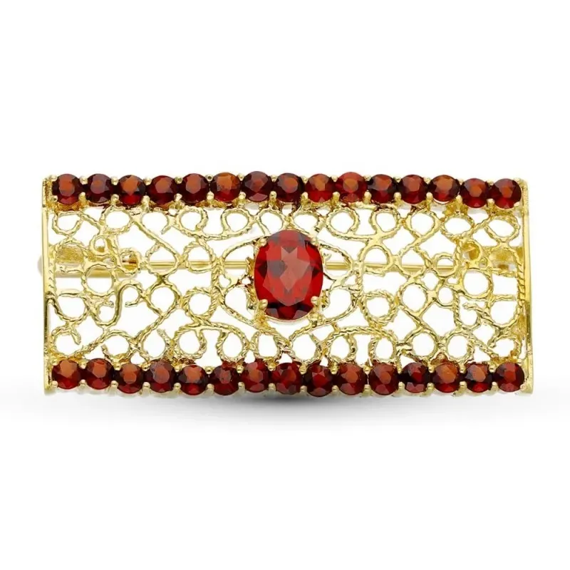 Broche alfiler oro 18k mujer 43 mm. rectángulo calado labrado granate