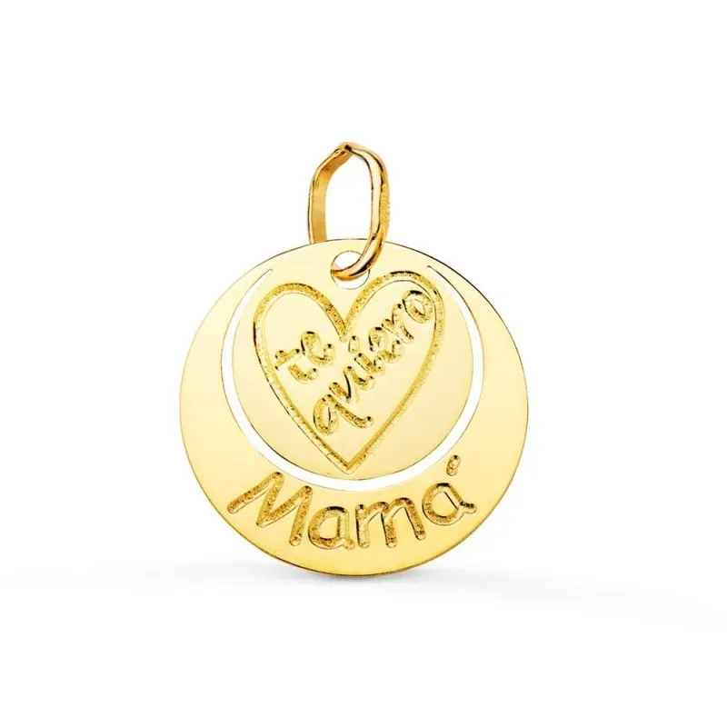 Colgante oro 18k mujer 14 mm. redondo mensaje TE QUIERO MAMÁ