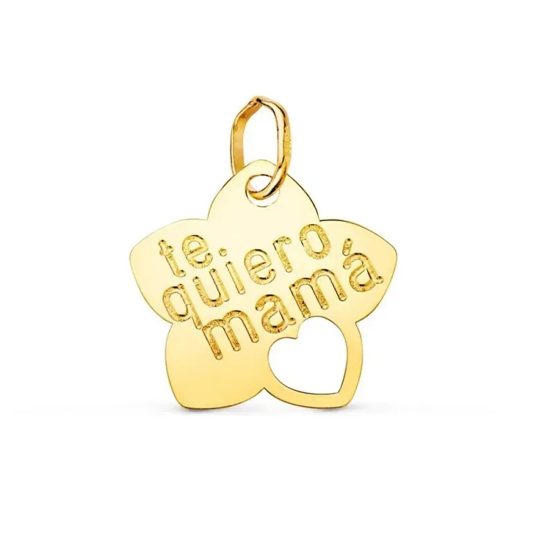 Colgante oro 18k mujer 15 mm. forma flor mensaje TE QUIERO MAMÁ coraz