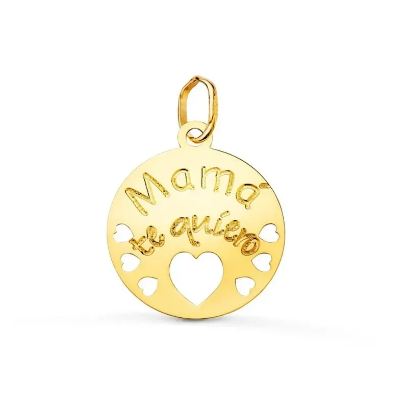 Colgante oro 18k mujer 15 mm. redondo mensaje MAMÁ TE QUIERO combinad