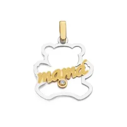 Colgante oro bicolor 18k mujer 25 mm. forma oso calado mensaje MAMÁ c
