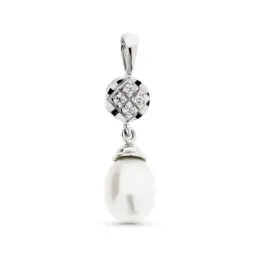 Colgante oro blanco 18k mujer circonitas perla cultivada