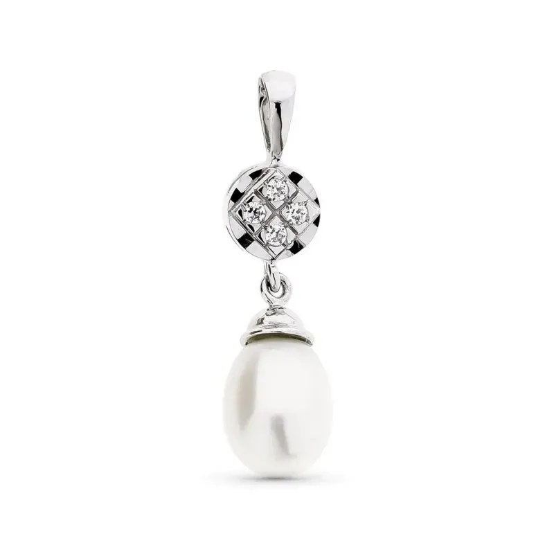 Colgante oro blanco 18k mujer circonitas perla cultivada