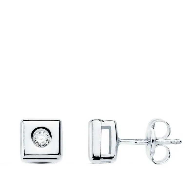 Pendientes oro blanco 18k mujer cuadrados dos diamantes 0.05ct. presi