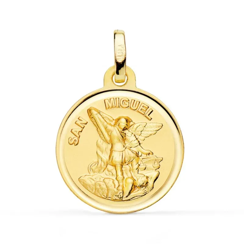 San Miguel Arcángel medalla oro 18k unisex 18 mm. detalle bisel liso