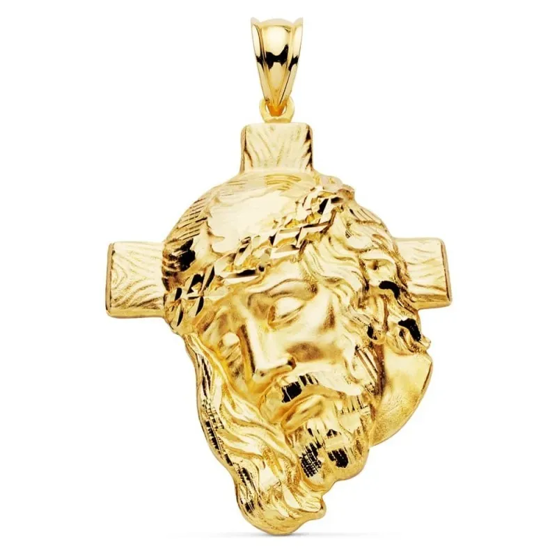 Cabeza Cristo oro 18k unisex 40 mm. cruz tallada detalles