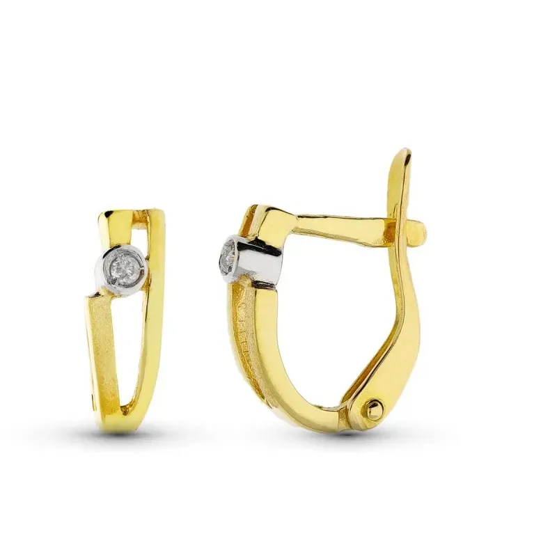 Pendientes oro bicolor 18k mujer 10 mm. dos diamantes talla brillante