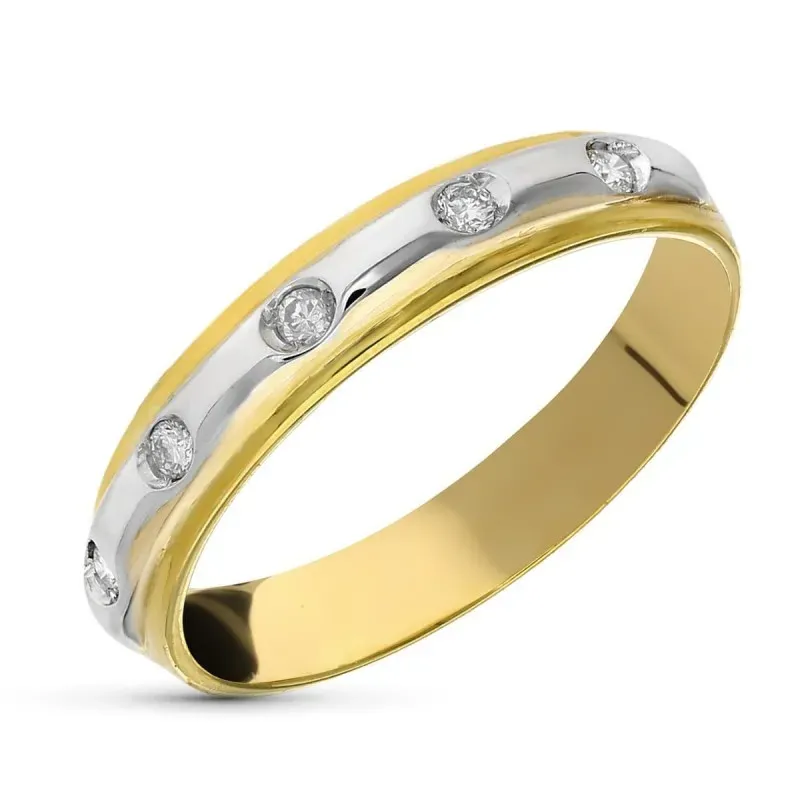 Sortija oro bicolor 18k mujer 5 diamantes 0.03ct. talla brillante ban