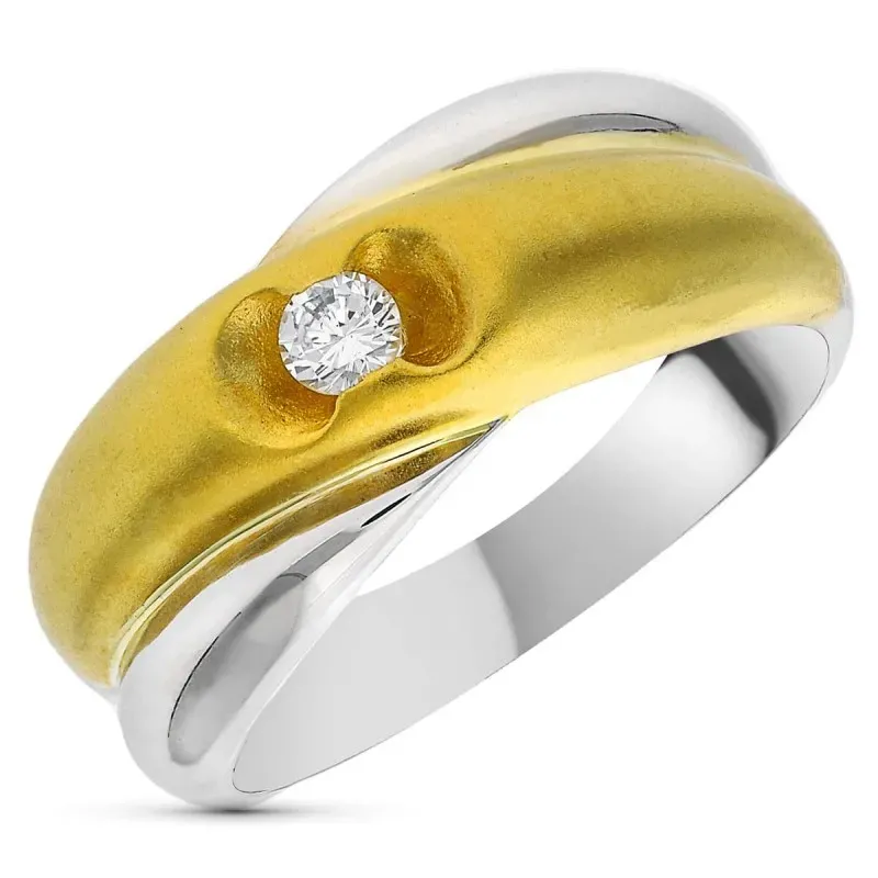 Sortija oro bicolor 18k mujer diamante 0.10ct. centro combinado banda