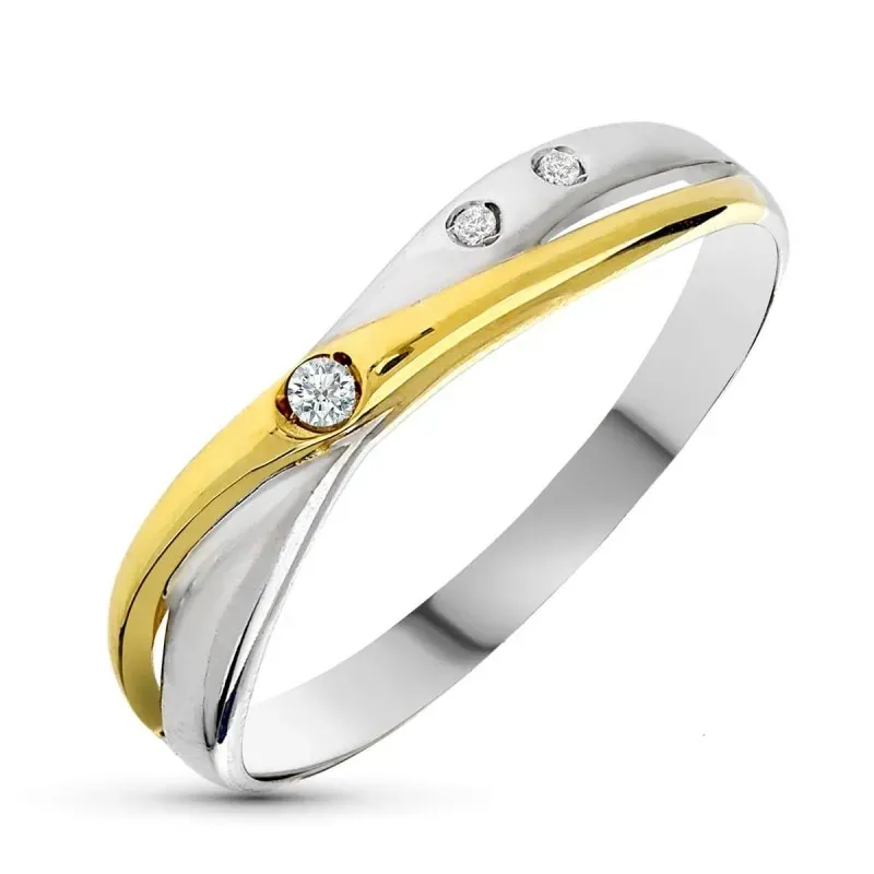 Sortija oro bicolor 18k mujer 3 diamantes 0.025ct. bandas combinadas