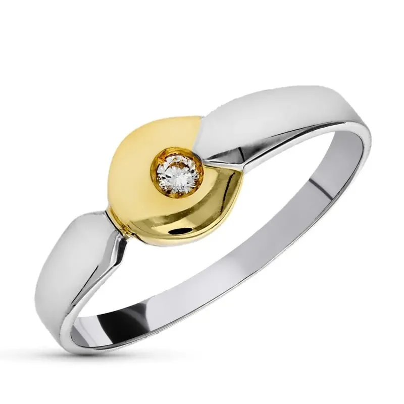 Sortija oro bicolor 18k mujer diamante centro 0.04ct. cabeza redonda