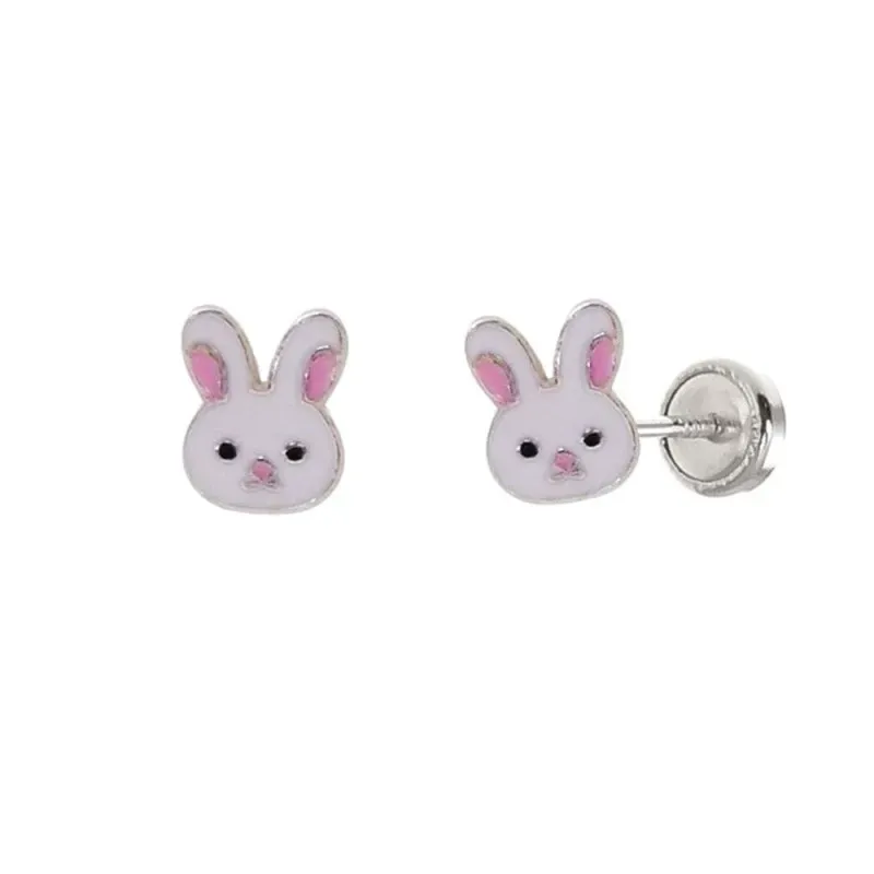 Pendientes plata Ley 925m niña 7 mm. conejo esmaltado color blanco to