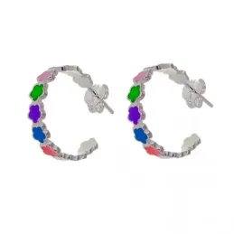 Pendientes aros plata Ley 925m mujer 17 mm. flores esmaltadas colores