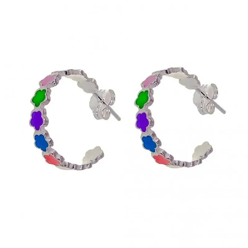 Pendientes aros plata Ley 925m mujer 17 mm. flores esmaltadas colores