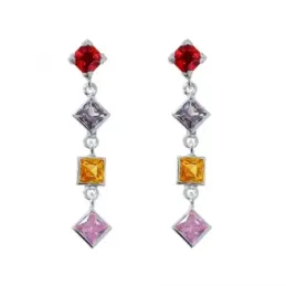 Pendientes largos plata Ley 925m mujer 3 cm. circonitas cuadradas rom