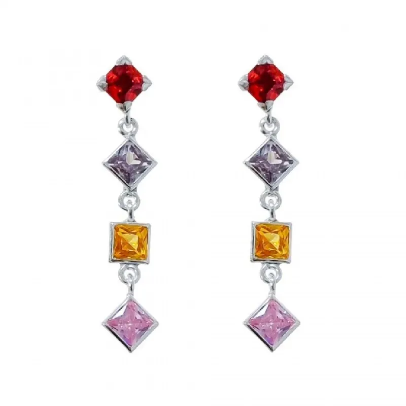 Pendientes largos plata Ley 925m mujer 3 cm. circonitas cuadradas rom