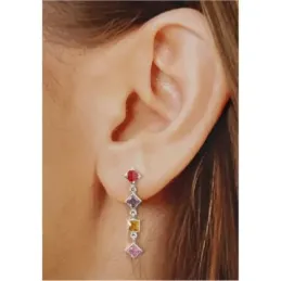 Pendientes largos plata Ley 925m mujer 3 cm. circonitas cuadradas rom