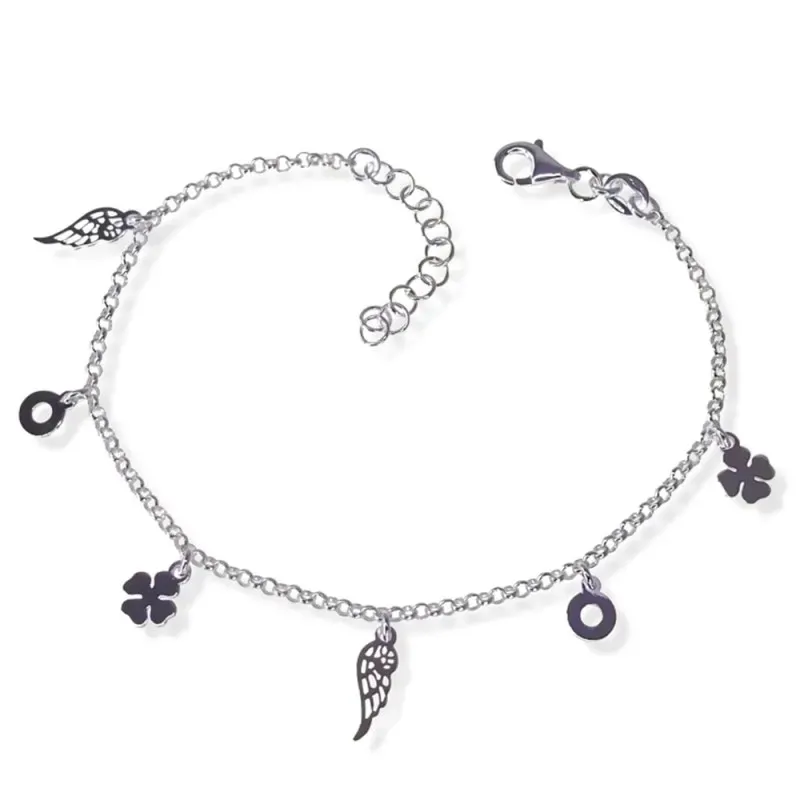 Pulsera plata Ley 925m mujer 17 cm. cadena rolo detalles colgantes pl