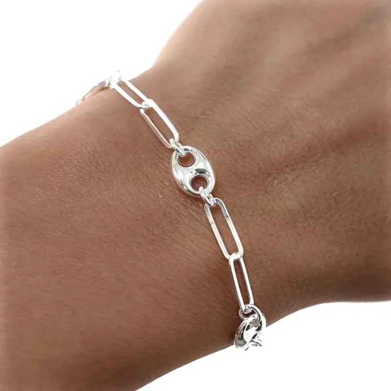 Pulsera plata Ley 925m mujer 17 cm. cadena forzada alargada combinada