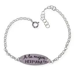 Pulsera plata Ley 925m mujer 17 cm. cadena rolo chapa 25 mm. mensaje