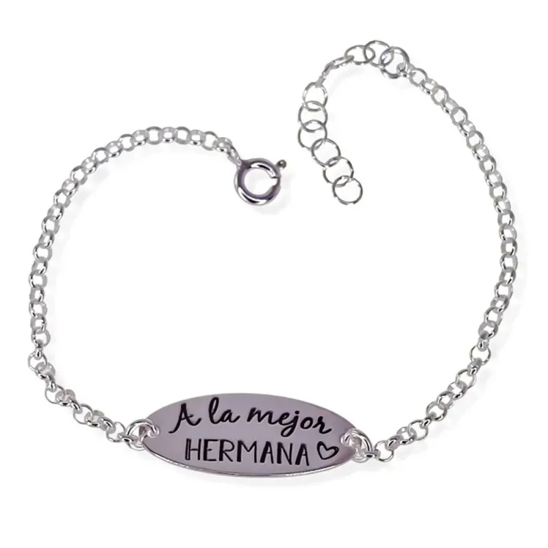 Pulsera plata Ley 925m mujer 17 cm. cadena rolo chapa 25 mm. mensaje