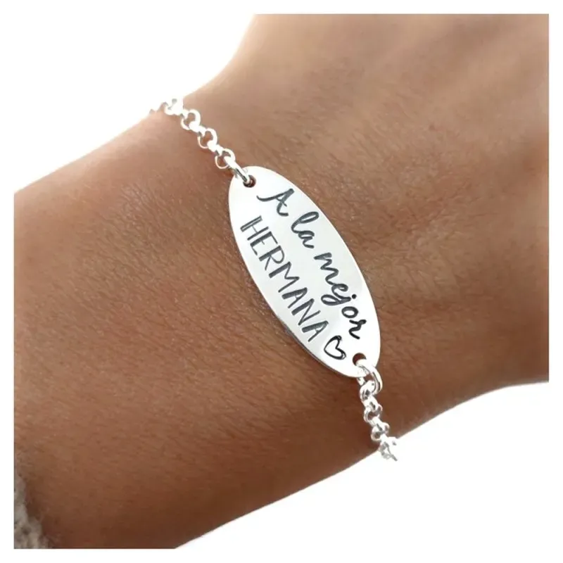 Pulsera plata Ley 925m mujer 17 cm. cadena rolo chapa 25 mm. mensaje