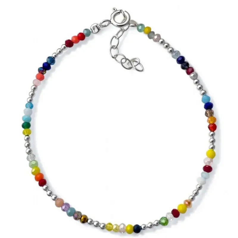 Pulsera en Plata de Ley 925m 17 cm. con bolas lisas de 2 mm. y piedra