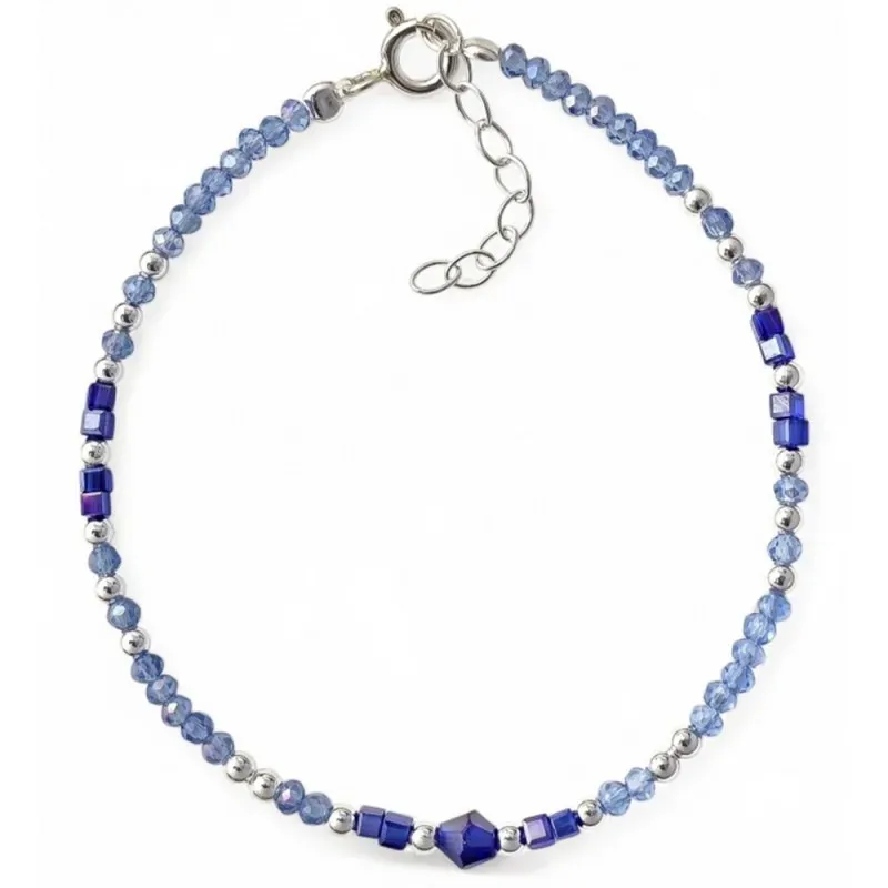 Pulsera en Plata de Ley 925m 17 cm. piedras color azul 2.5 mm. y 4 mm