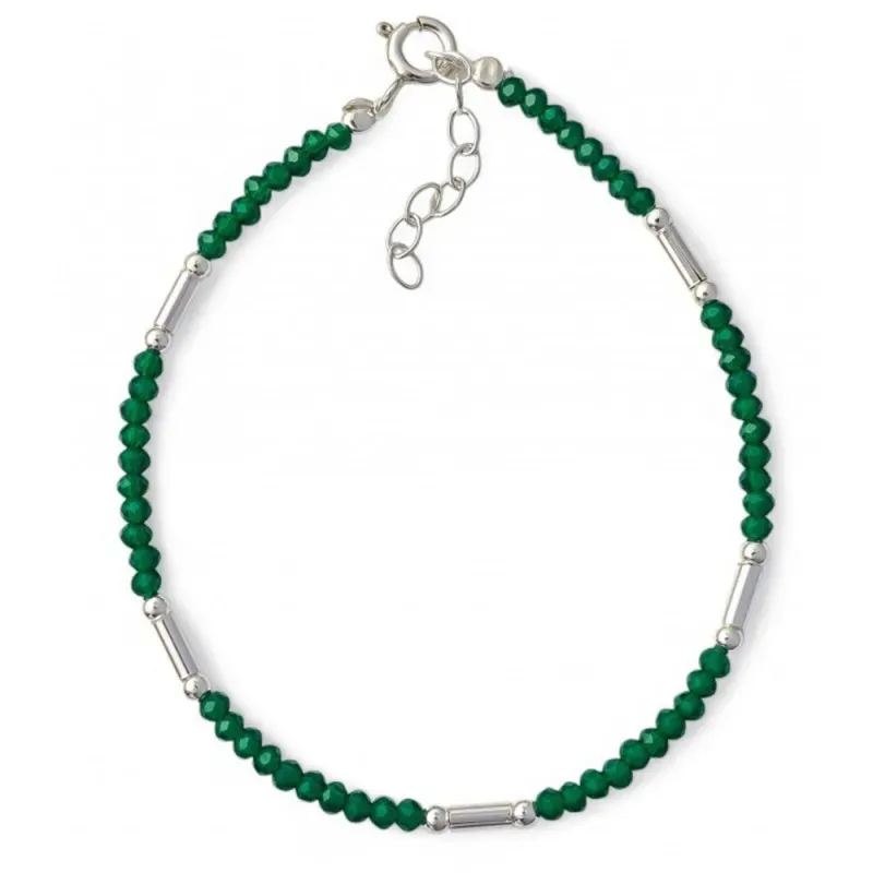 Pulsera Plata de Ley 925m con 17 cm. piedras color verde 2.5 mm. bola