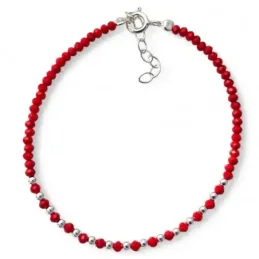 Pulsera Plata de Ley 925m 17 cm. con piedras rojas de 2.5 mm. y bolas