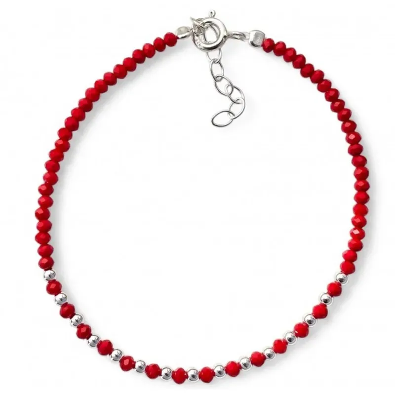 Pulsera Plata de Ley 925m 17 cm. con piedras rojas de 2.5 mm. y bolas