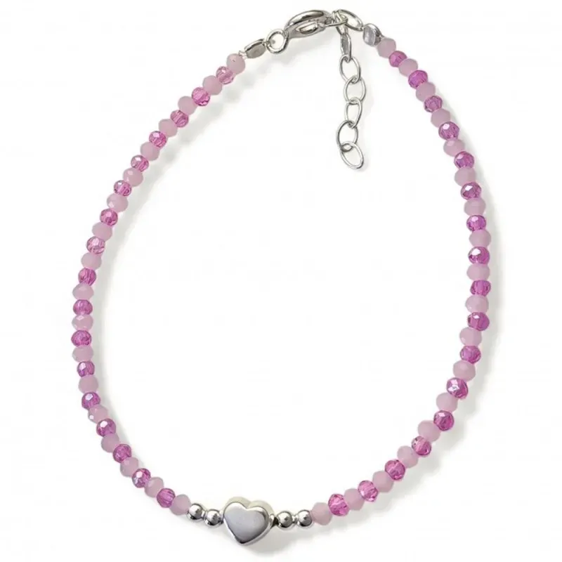 Pulsera Plata de Ley 925m  con 17 cm. bolas rosas de 2.5 mm. con cora