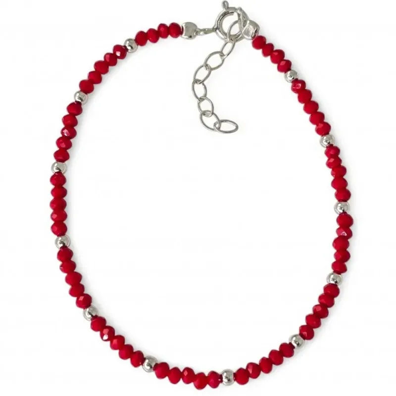 Pulsera en Plata de Ley 925m 17 cm. con piedras rojas de 2.5 mm. y bo
