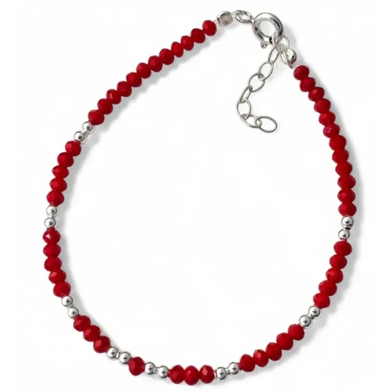 Pulsera en Plata de Ley 925m 17 cm. con piedras rojas de 3 mm. y bola