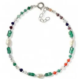 Pulsera Plata de Ley 925m 17 cm. con 3 perlas 6 mm. piedras de colore