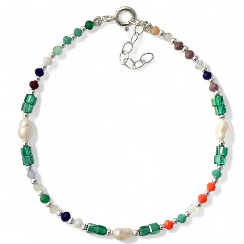 Pulsera Plata de Ley 925m 17 cm. con 3 perlas 6 mm. piedras de colore