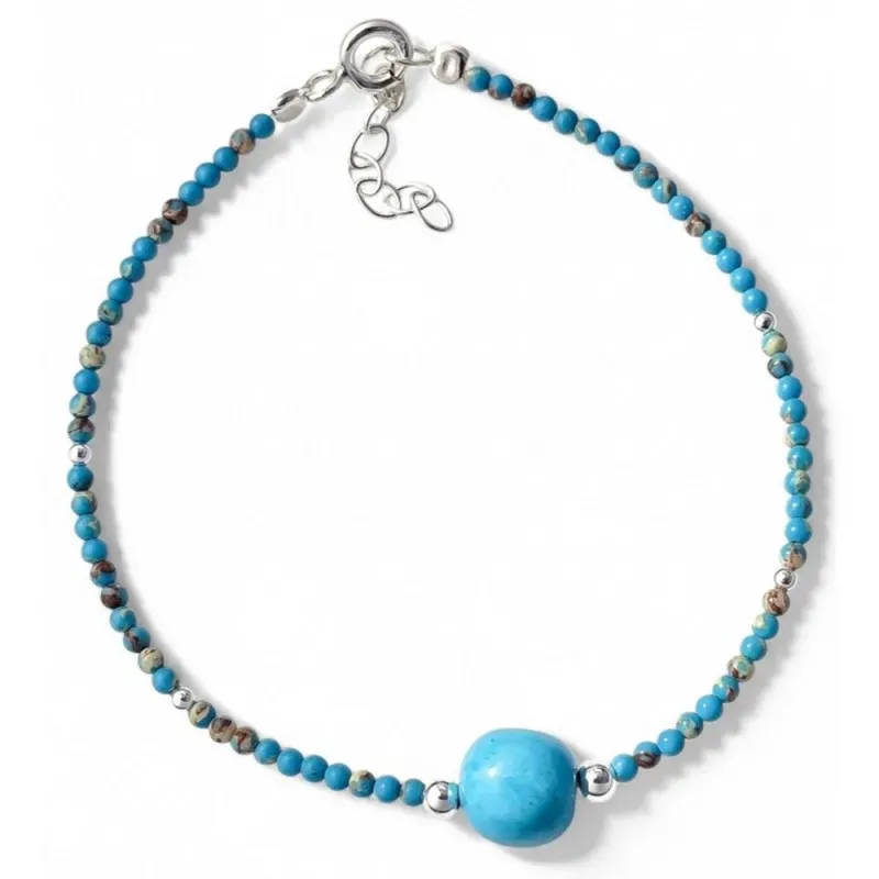Pulsera Plata de Ley 925m 17 cm. con piedras de color turquesa 2 mm.