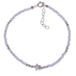 Pulsera Plata Ley 925m 17 cm. piedras color morado claro y bolas lisa