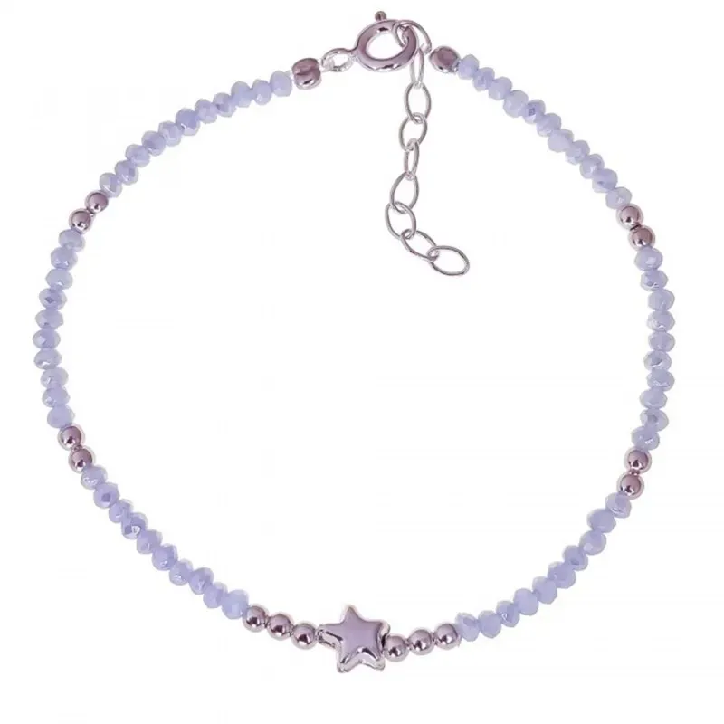 Pulsera Plata Ley 925m 17 cm. piedras color morado claro y bolas lisa