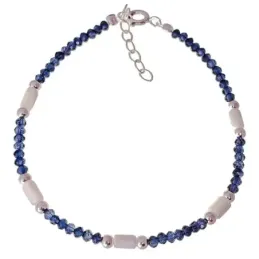 Pulsera Plata Ley 925m 17 cm. piedras azules de 2.5 mm. bolas lisas d