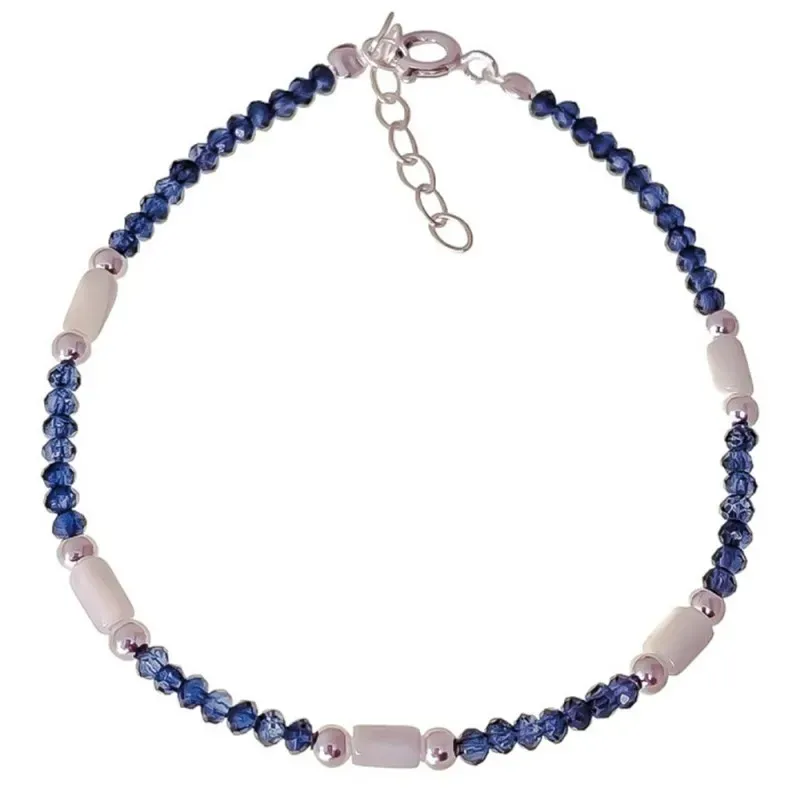 Pulsera Plata Ley 925m 17 cm. piedras azules de 2.5 mm. bolas lisas d