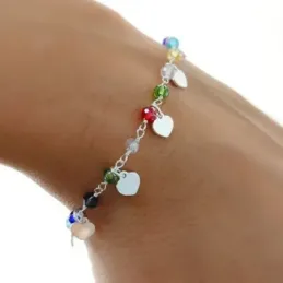 Pulsera Plata de Ley 925m 16.5 cm. con corazones colgantes 5 mm. con